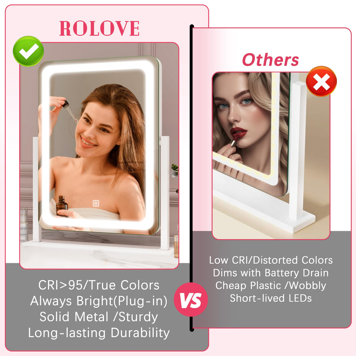 ROLOVE mirror placed in bedroom setting offering stylish lighting solution