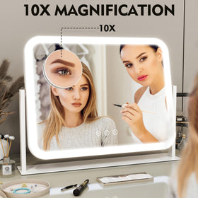 ROLOVE mirror in use with makeup application illustrating accurate color and shadow-free light