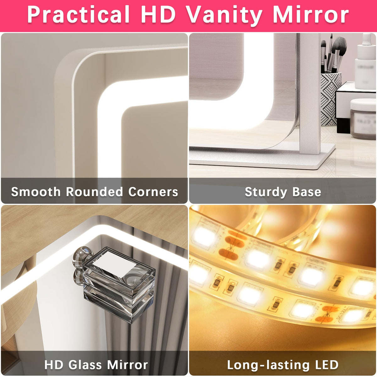 ROLOVE mirror next to common items showing size comparison for desk and vanity fit