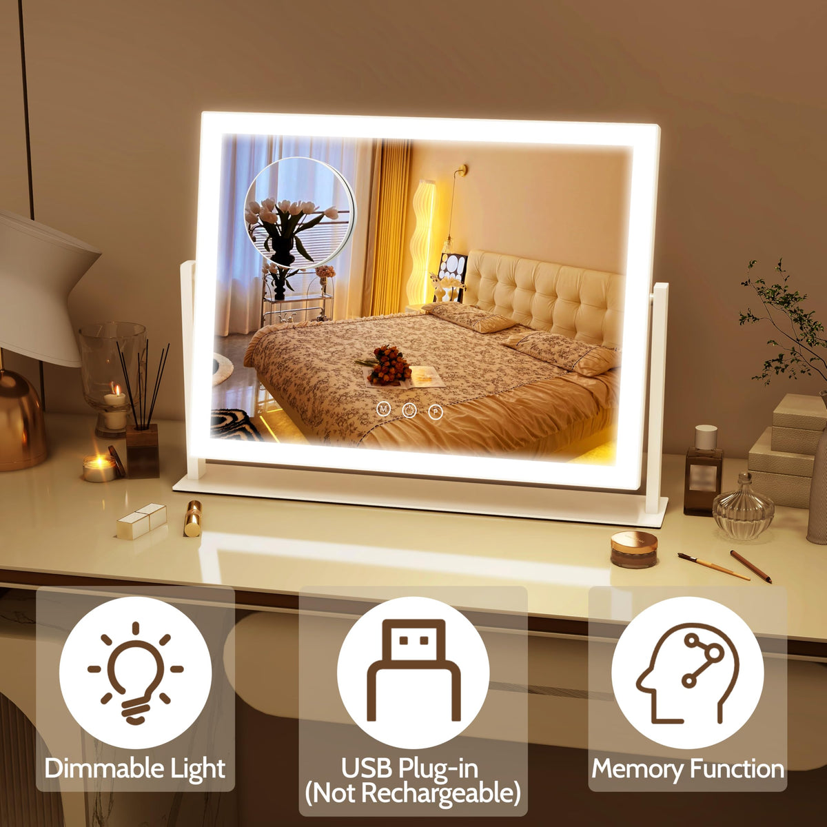 ROLOVE mirror next to ruler showing scale for tabletop placement and compact footprint