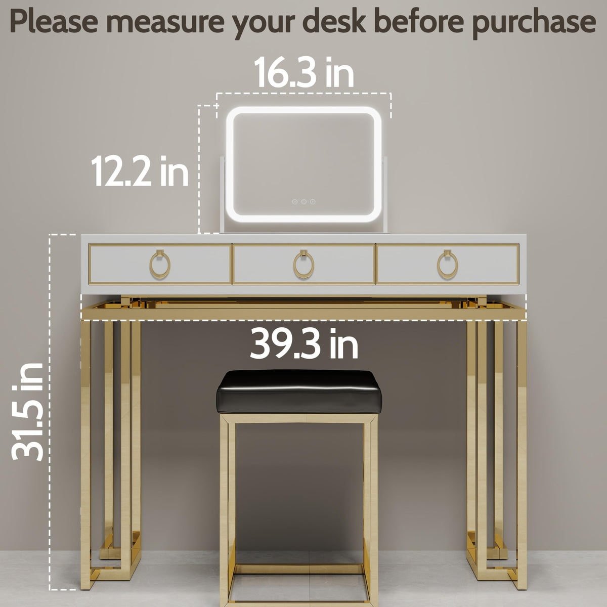 ROLOVE mirror next to hand for size scale showing 17x13 dimensions and tabletop fit