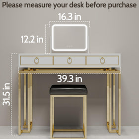 ROLOVE mirror next to hand for size scale showing 17x13 dimensions and tabletop fit