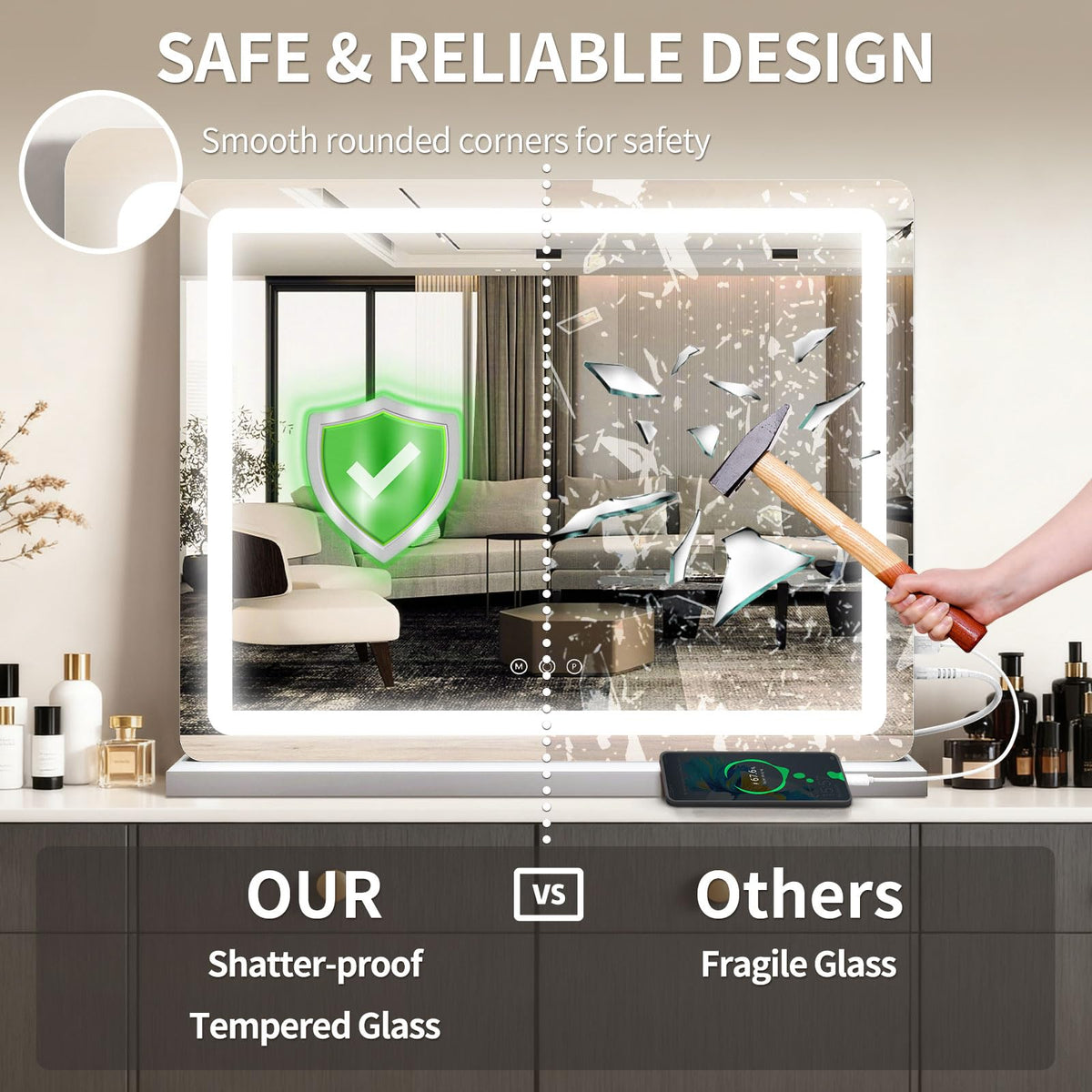 ROLOVE tabletop setup on a vanity showing stable base and daily-use convenience benefit