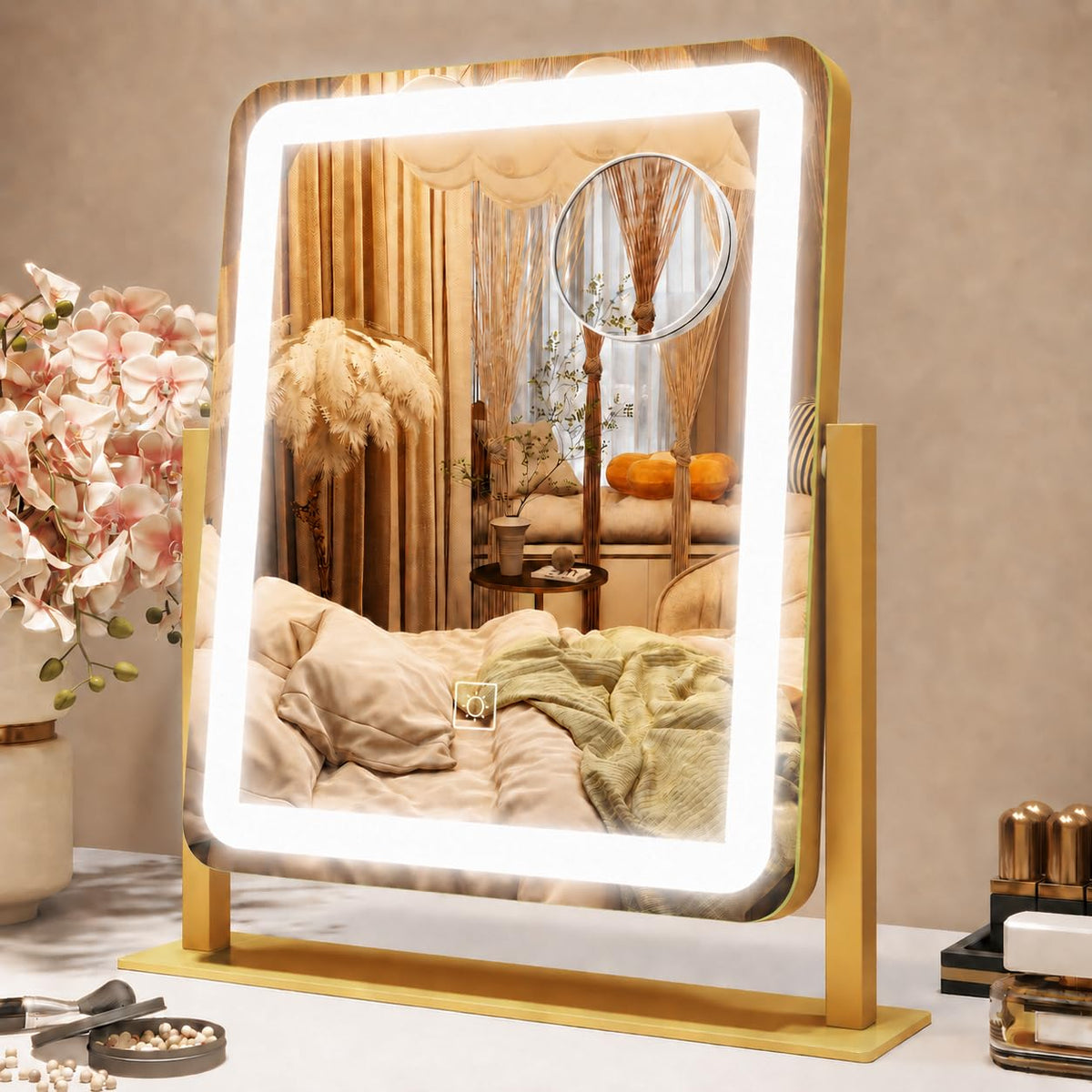 ROLOVE front view of gold LED vanity mirror showing full reflection and clarity
