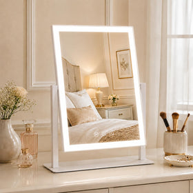 ROLOVE front view of lighted vanity mirror showing full illuminated surface benefit accurate makeup lighting