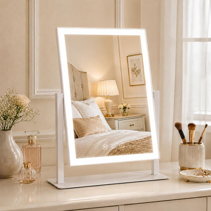 ROLOVE front view of lighted vanity mirror showing full illuminated surface benefit accurate makeup lighting