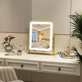 ROLOVE mirror staged on bedroom vanity creating flattering ambient lighting