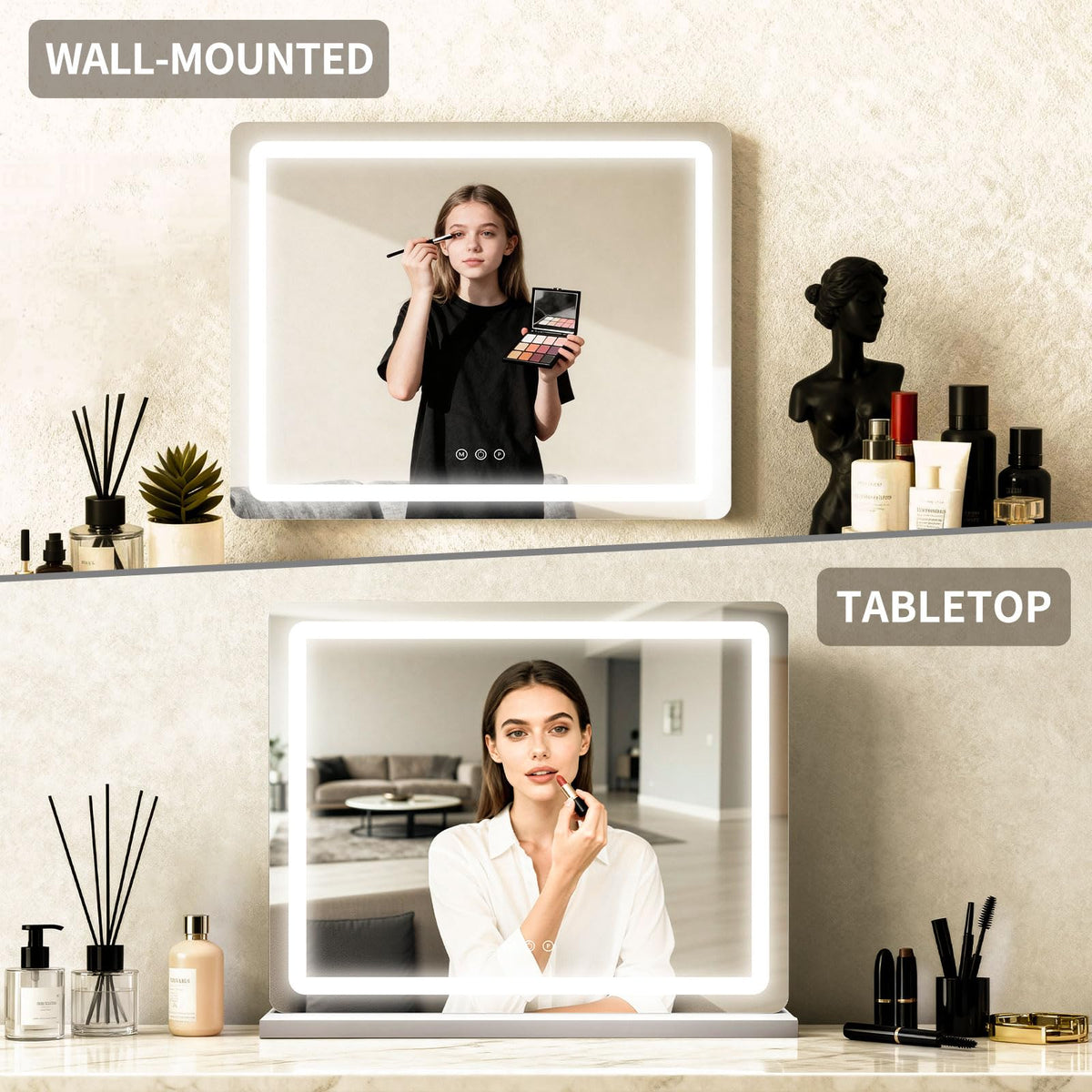 ROLOVE wall-mounted mirror installed above a dresser saving counter space benefit