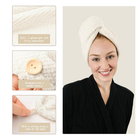 ROLSHOL woman wearing turban while getting ready, shows hands-free convenience