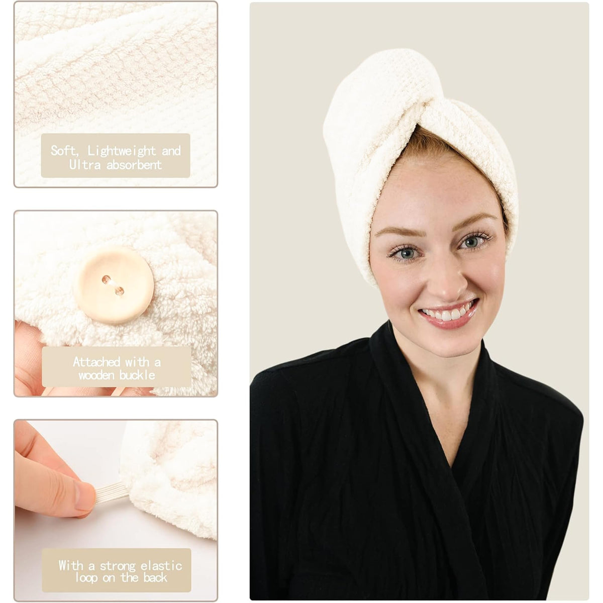 ROLSHOL woman wearing turban while doing skincare showing hands-free drying benefit