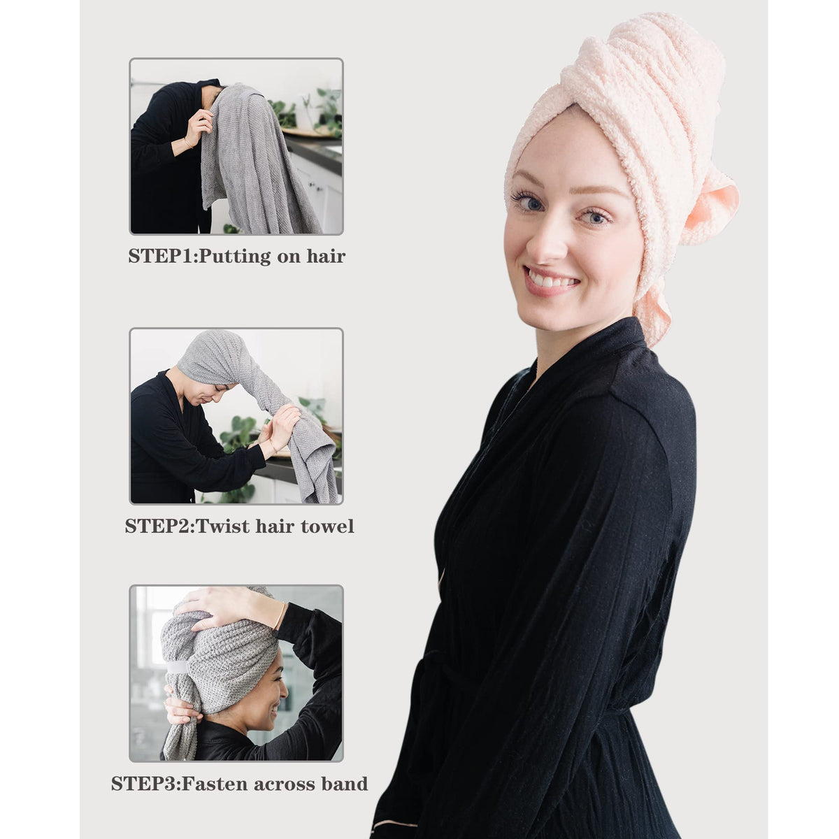 ROLSHOL worn on model demonstrating hands-free drying and convenience
