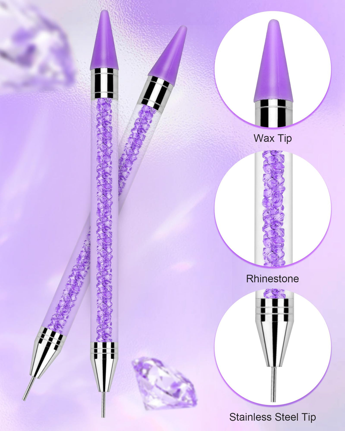 Rolybag close-up of wax tip picking a rhinestone, improving precise pickup