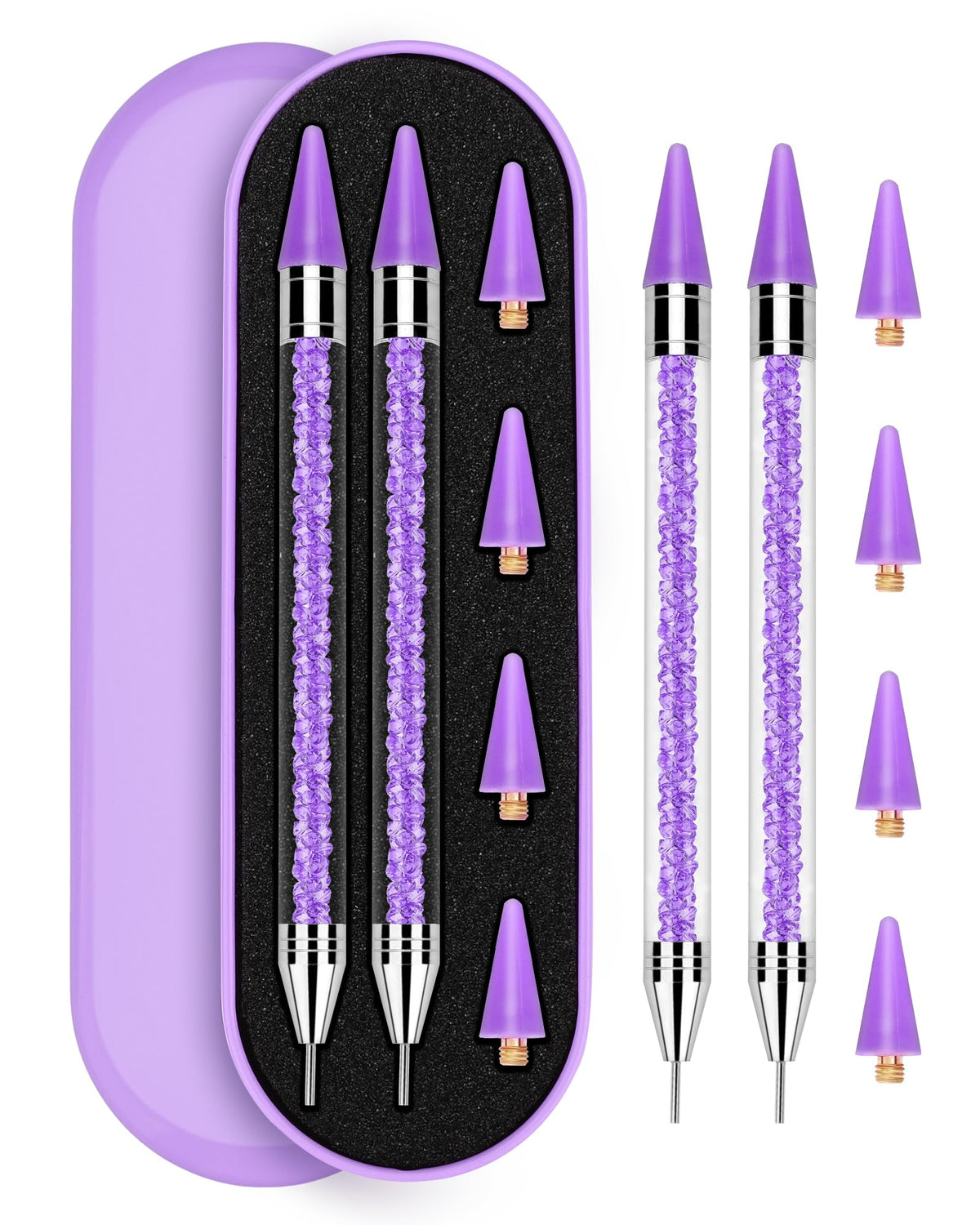 Rolybag front packaging showing two purple pens and box, organized and portable