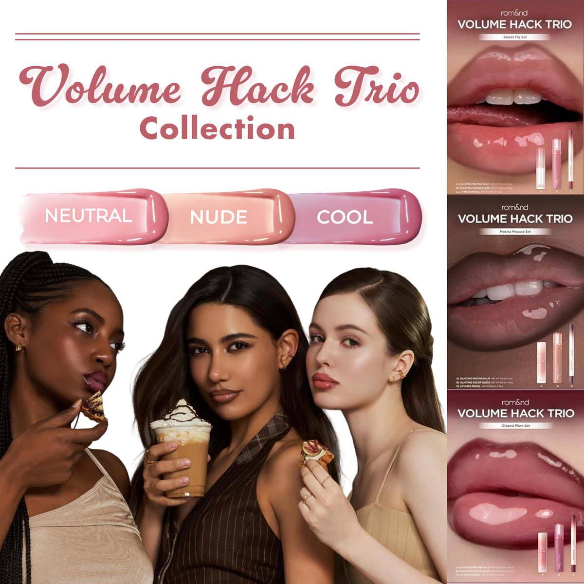 rom&nd worn glazed-plum lips in lifestyle shot showing fuller, glossy finish