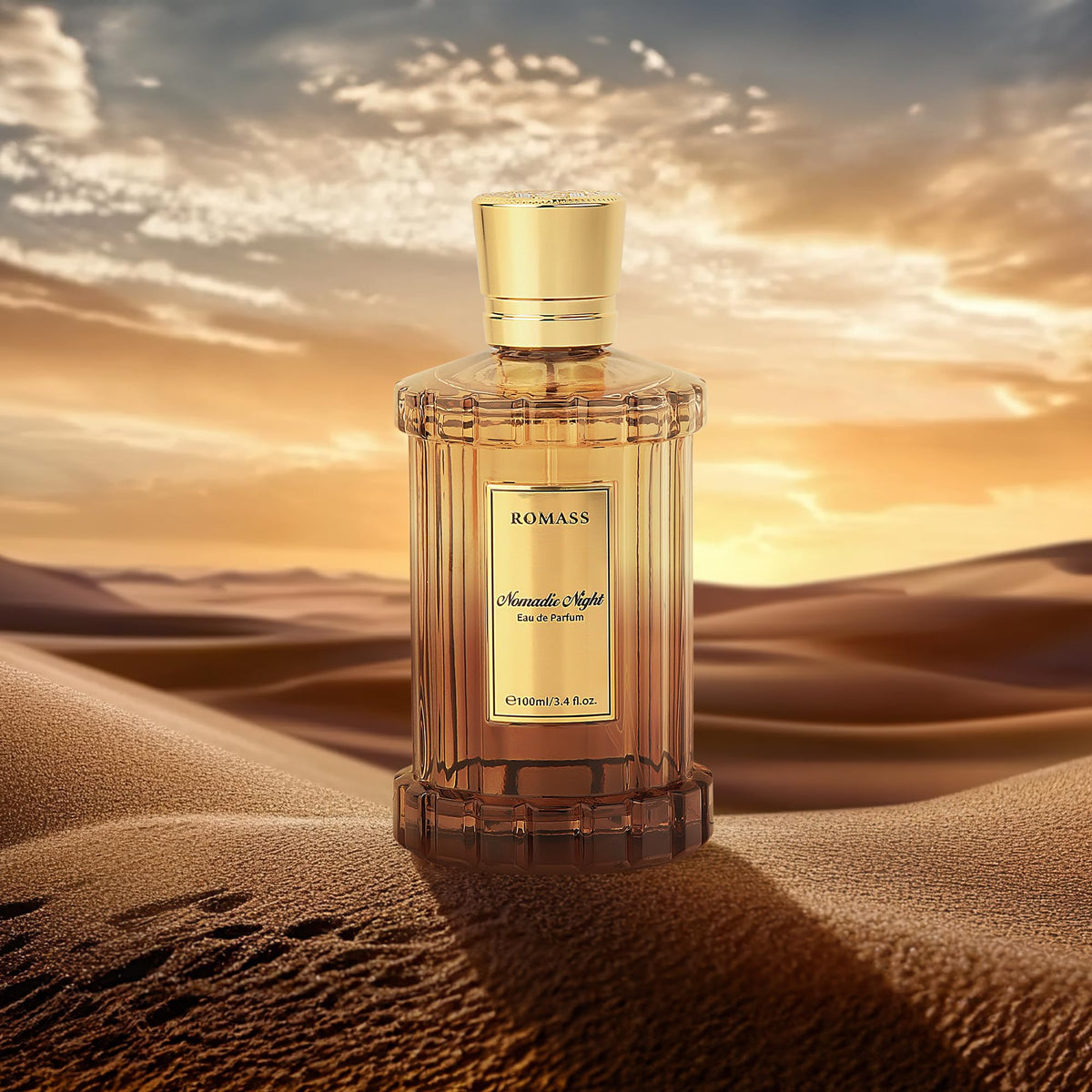 ROMASS side profile of Nomadic Night bottle highlighting sleek silhouette