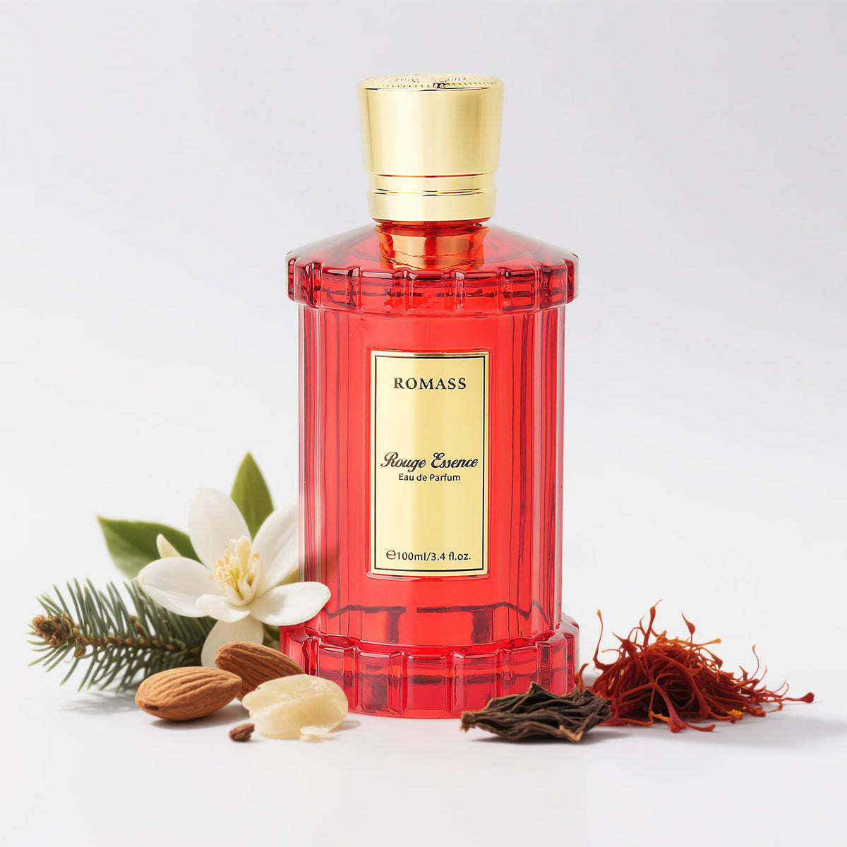 ROMASS bottle front view showing elegant design and long-lasting scent benefit