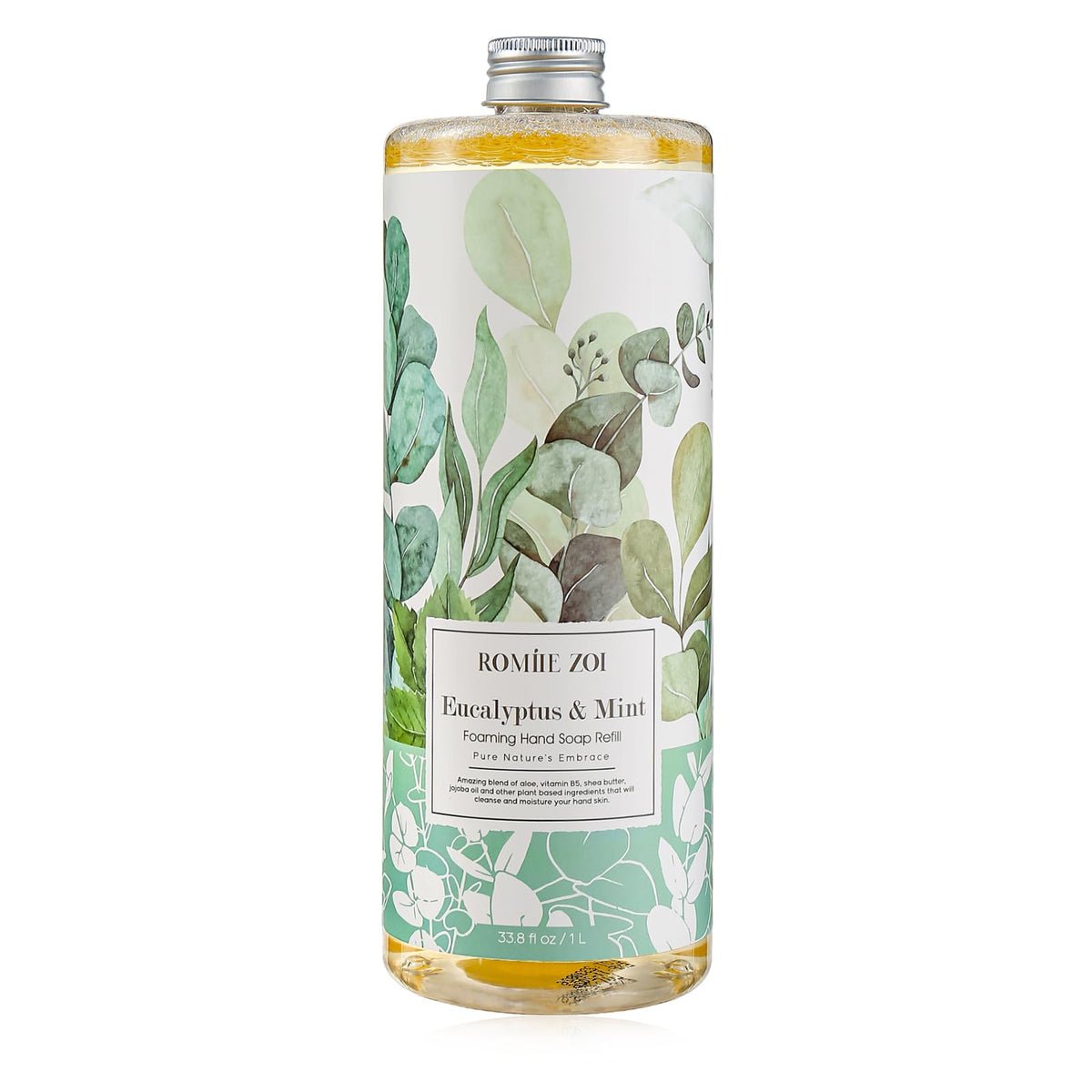 ROMIIE ZOI front label showing eucalyptus and mint scent and 1 L size benefit