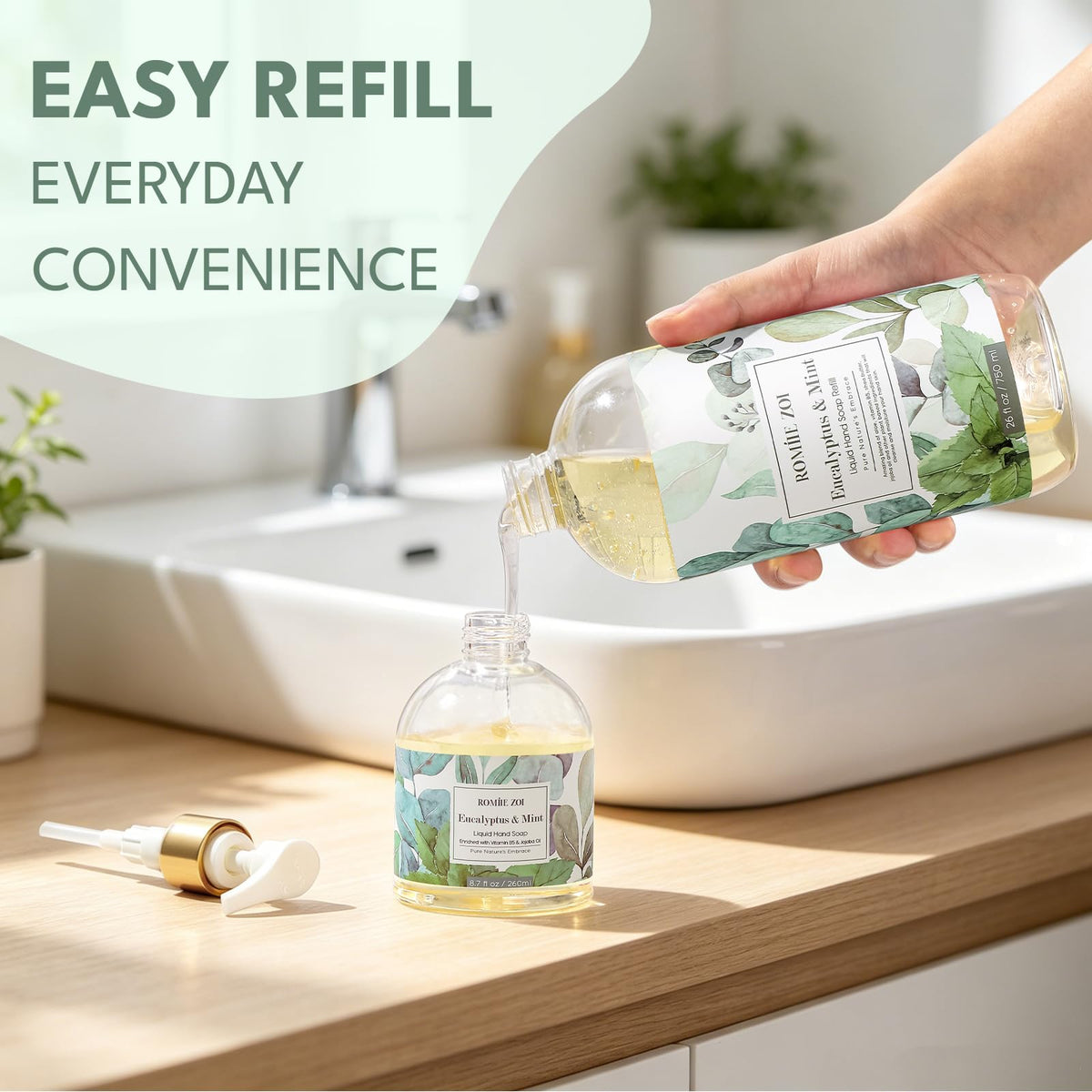 ROMIIE ZOI 750 ml bottle in hand showing large refill capacity benefit