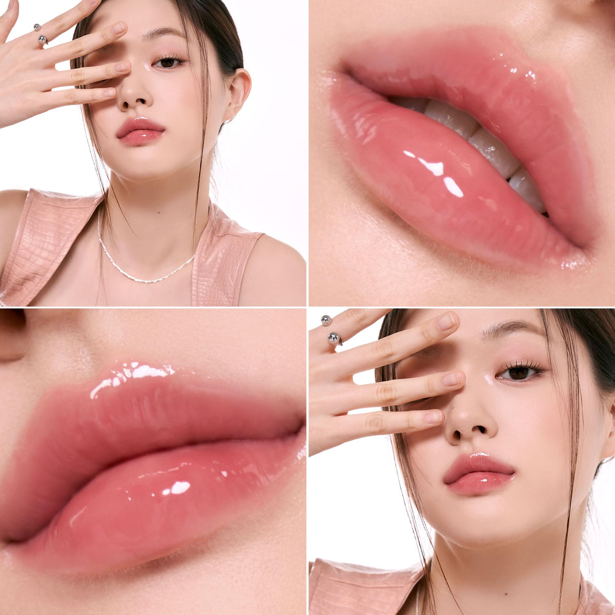 rom&nd lip swatch on model showing plump, hydrated lips and natural volume