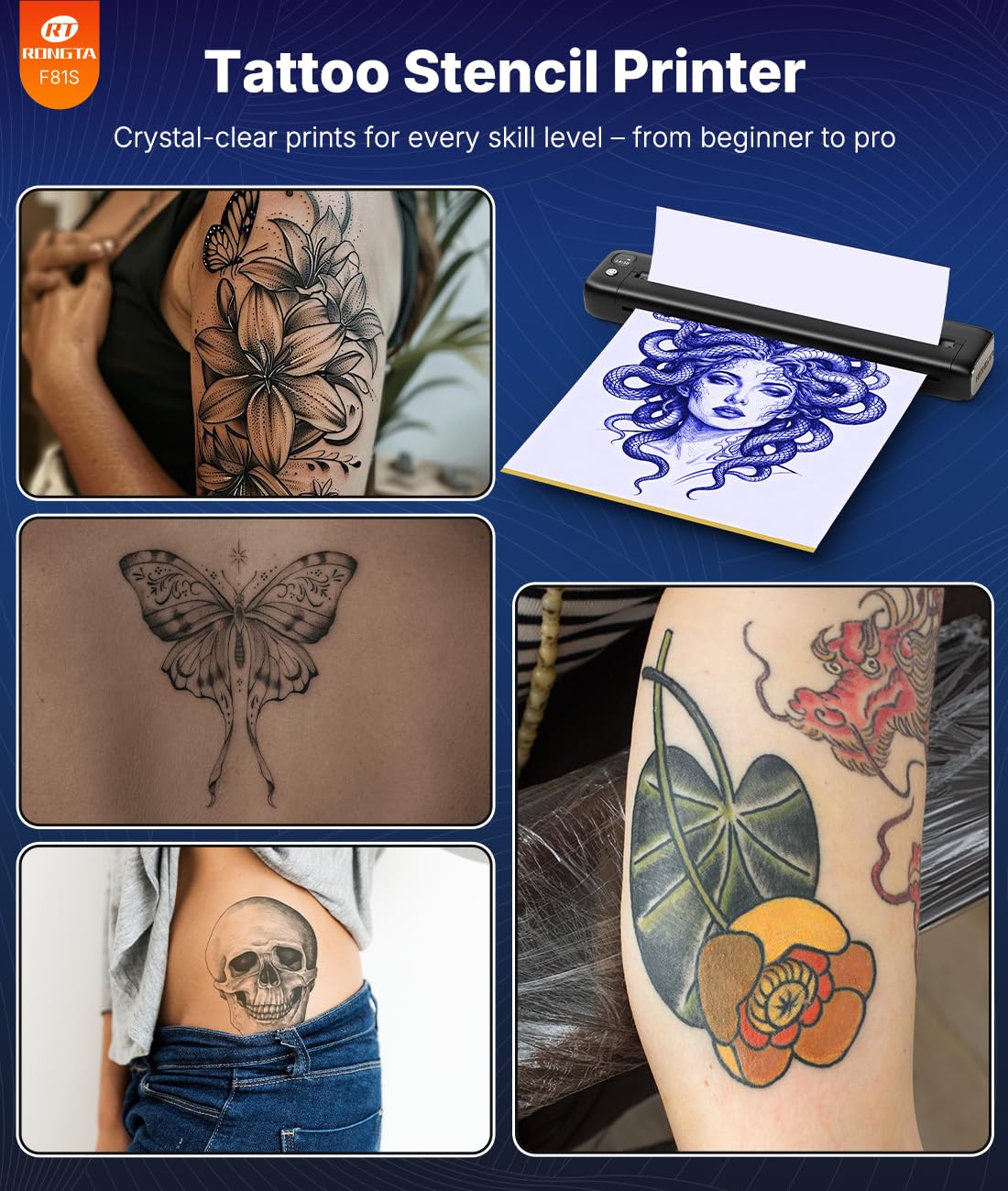 Rongta F81S in tattoo studio setting showing organized workspace and professional use