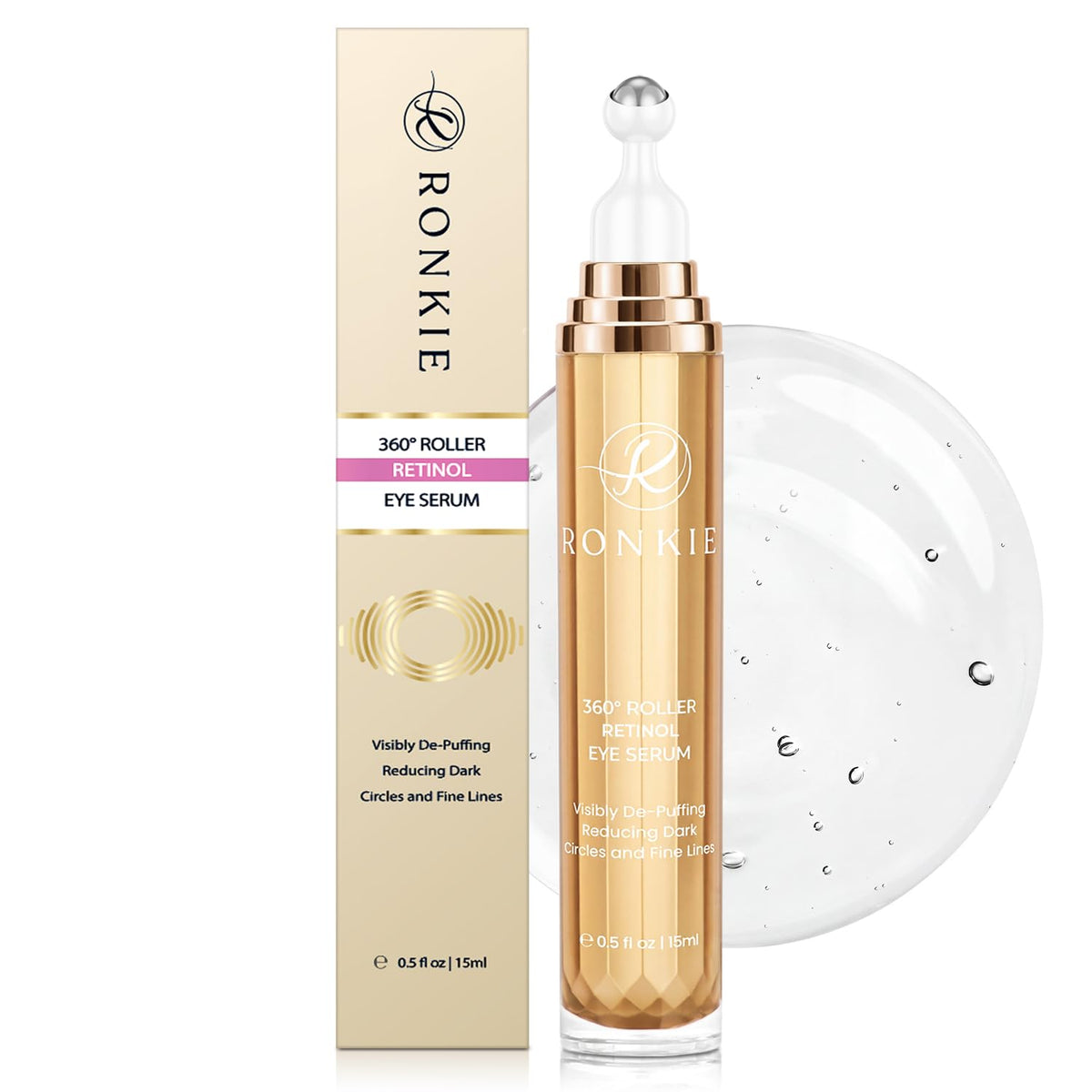 RONKIE front packaging showing gold 15ML stick, clear branding and benefit