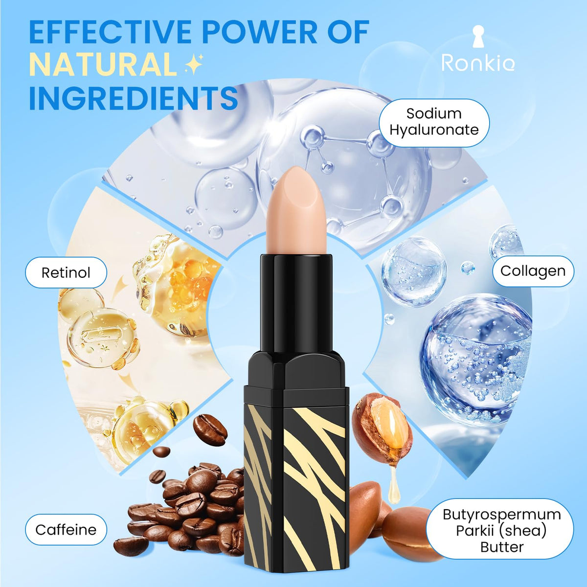 RONKIE eye stick ingredients label with caffeine and hyaluronic acid benefits