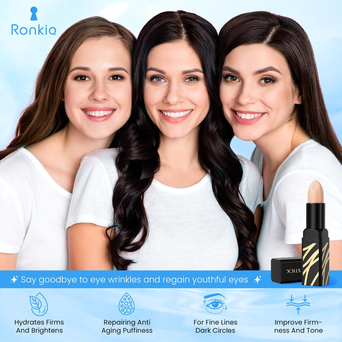 RONKIE eye stick on a vanity with cosmetics conveying daily routine convenience