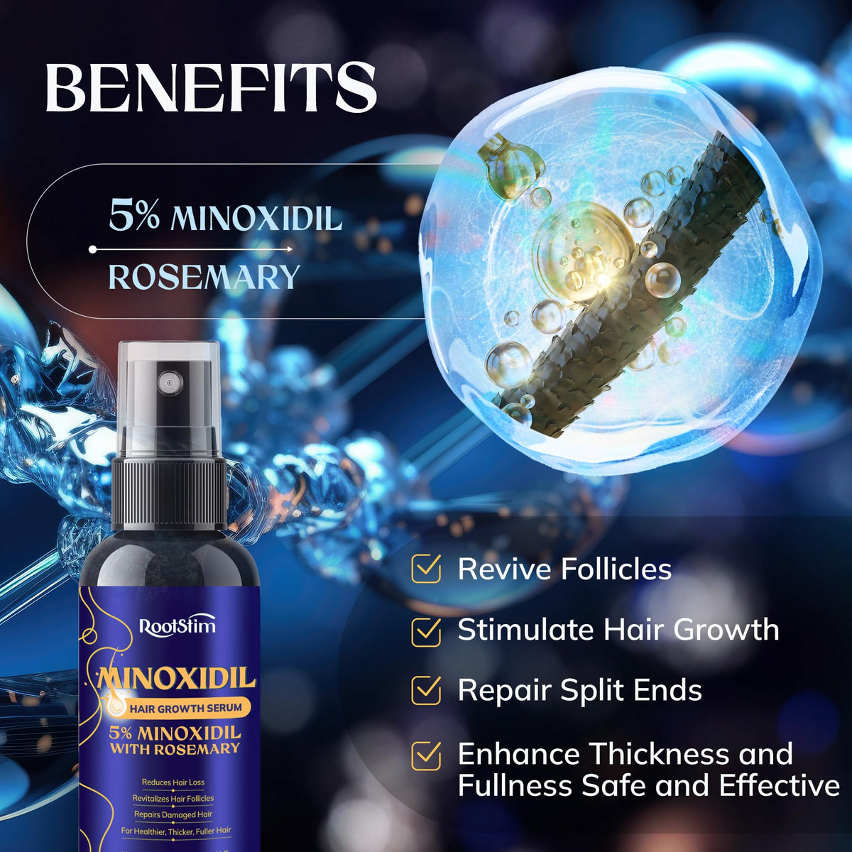 RootStim bottle closeup label showing 5% minoxidil strength