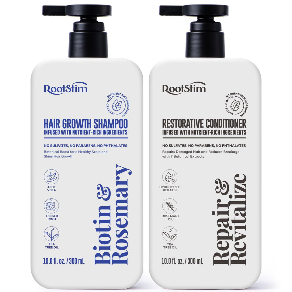 RootStim front packaging showing shampoo and conditioner, showcasing brand and clear product benefit