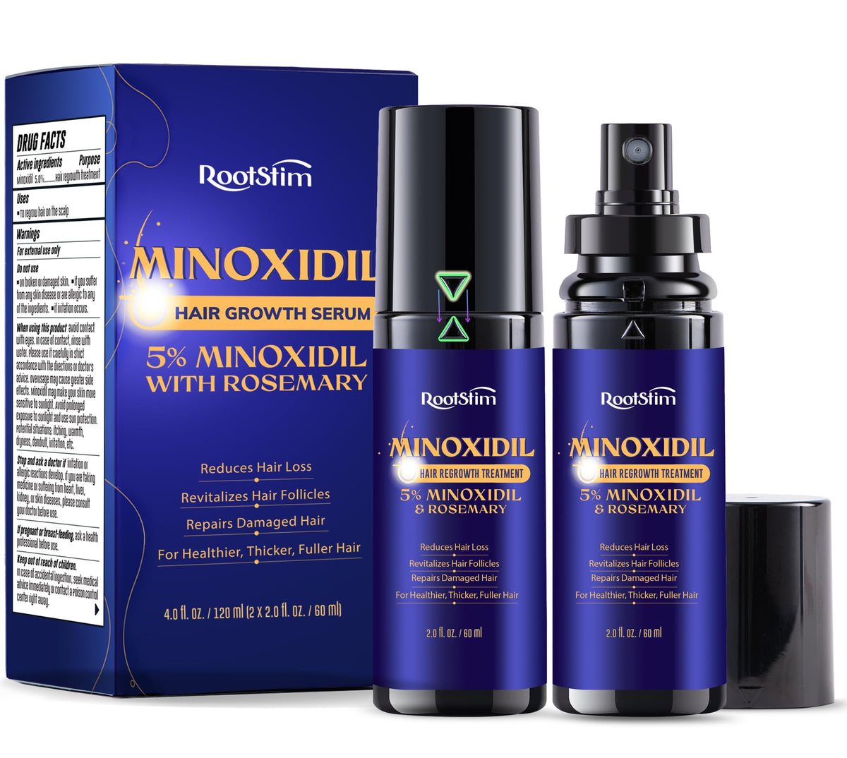 RootStim front packaging showing two 60ml serum bottles for consistent application