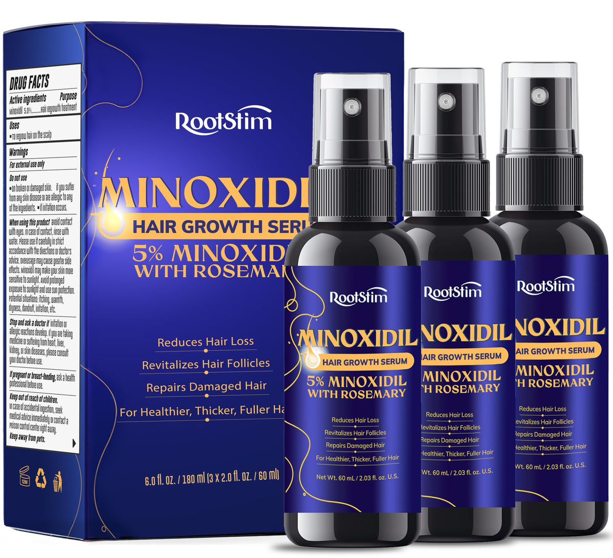 RootStim front packaging showing bottle trio and benefits