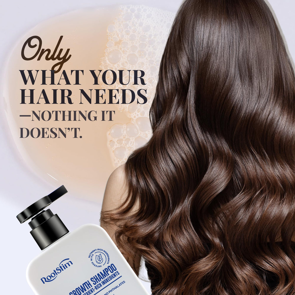 RootStim shampoo being massaged into scalp in shower for effective cleansing