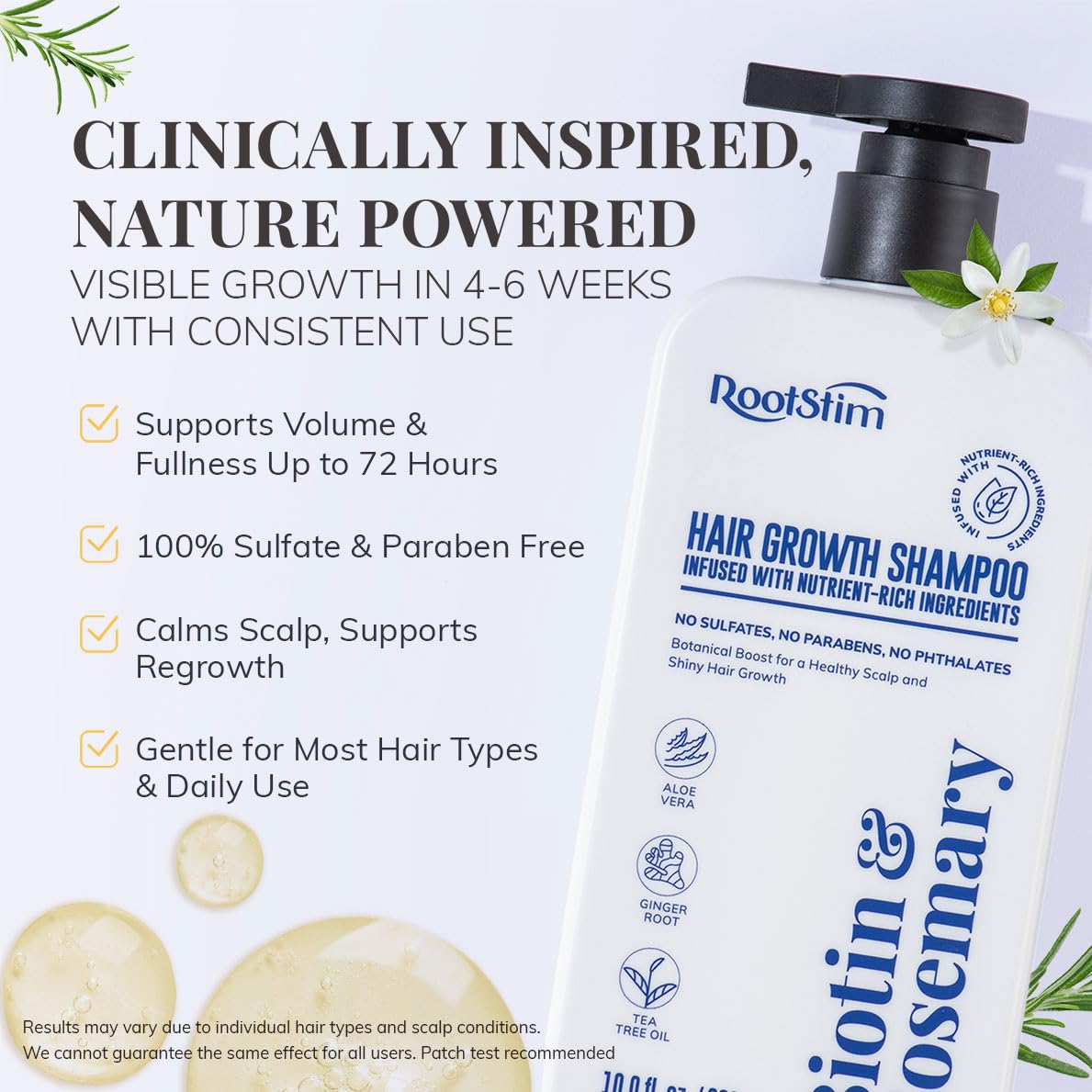 RootStim label close-up highlighting biotin and rosemary ingredients