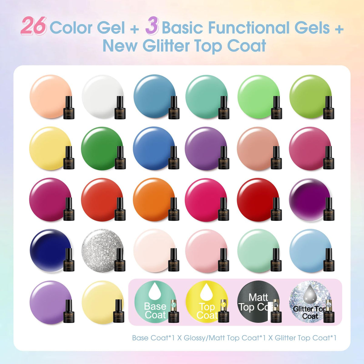 ROSALIND flat lay of 26 neon color range displaying vibrancy for versatile manicures