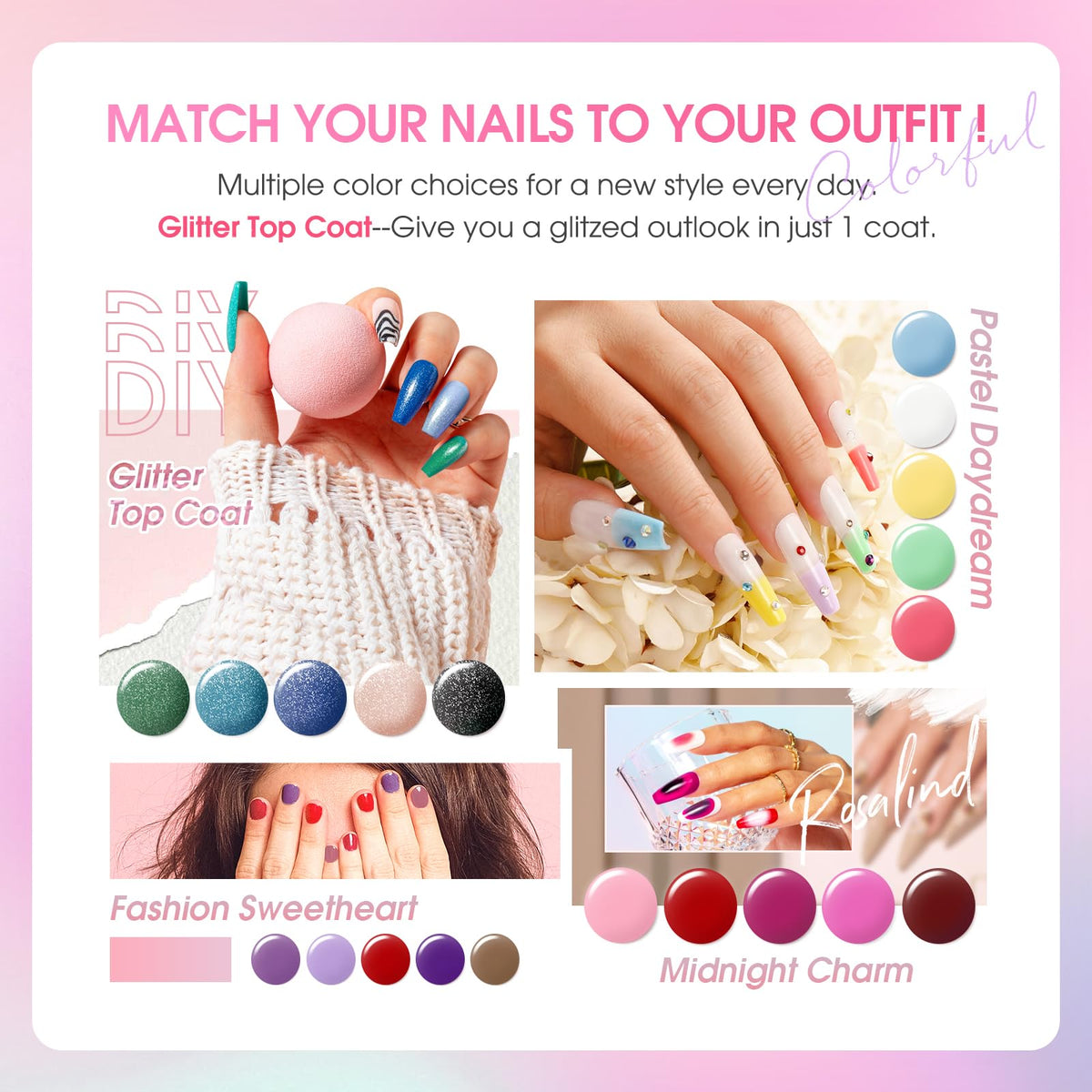 ROSALIND color array flatlay displaying 26 diverse shades for styling