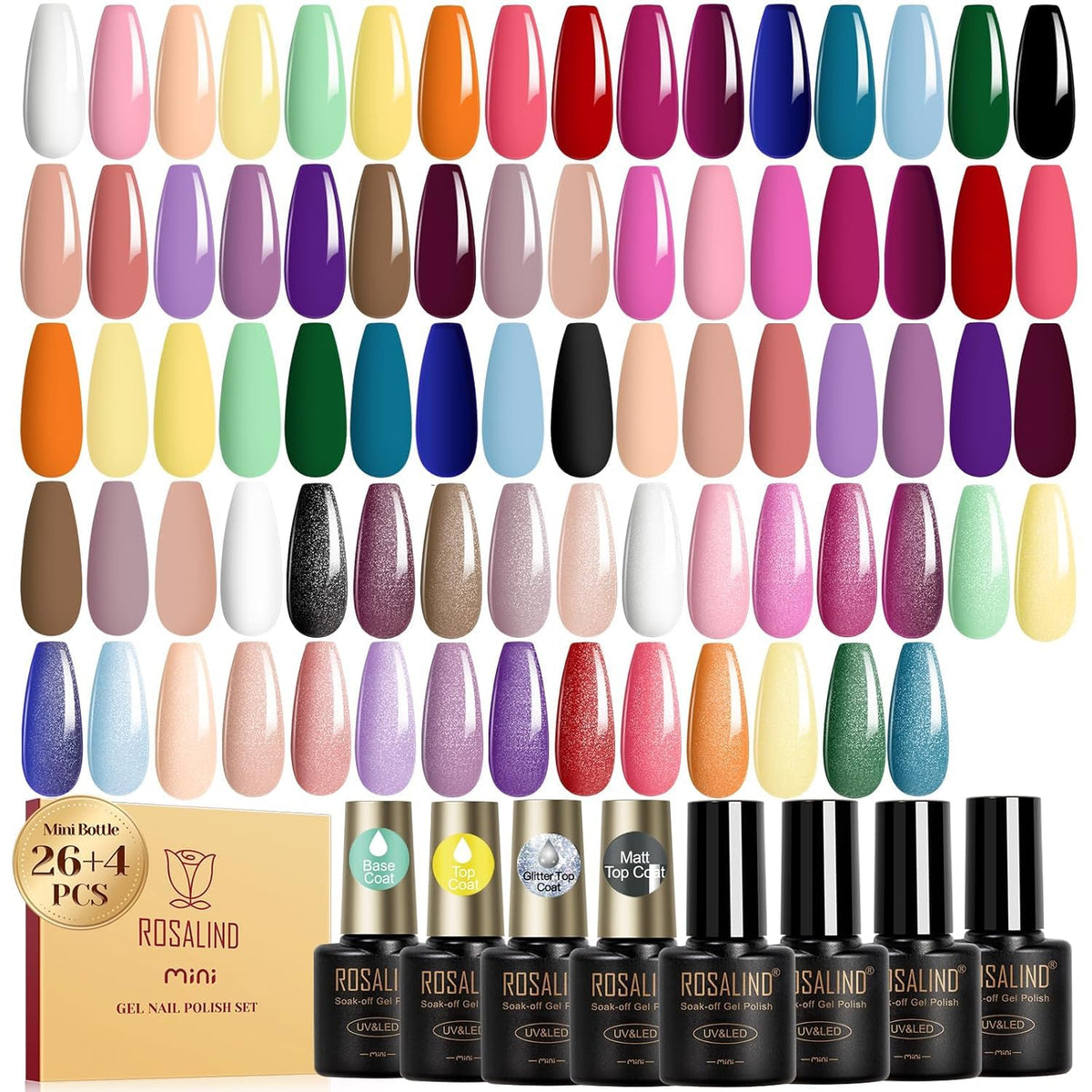 ROSALIND front packaging showing full 30-piece gel polish kit and benefits