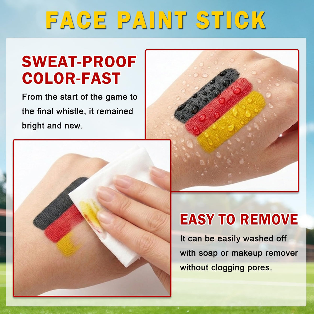 Rosawee athlete on field using paint proving sweat-resistant wear during competition