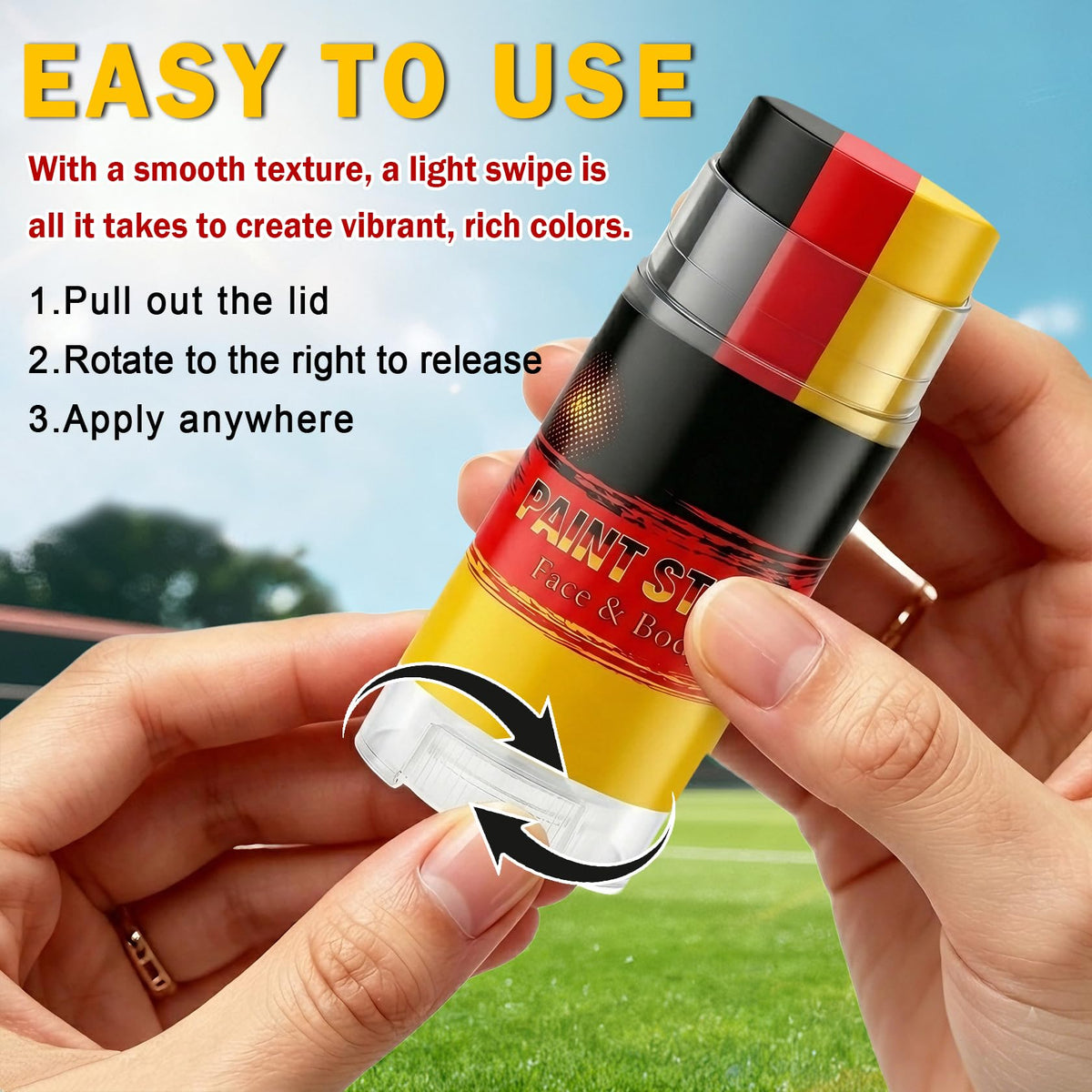 Rosawee stick in hand showing compact size and portability for on-the-go application