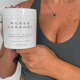 Rose & Caramel in-use bathroom scene demonstrating quick tan removal