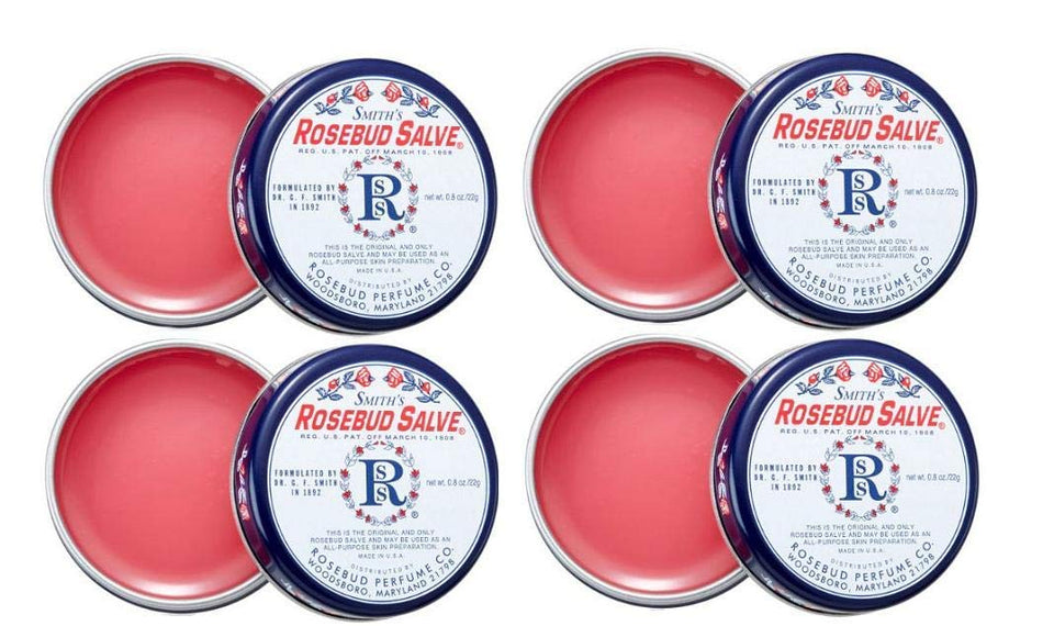 Rosebud Perfume front tin showing label and compact size with easy carry benefit