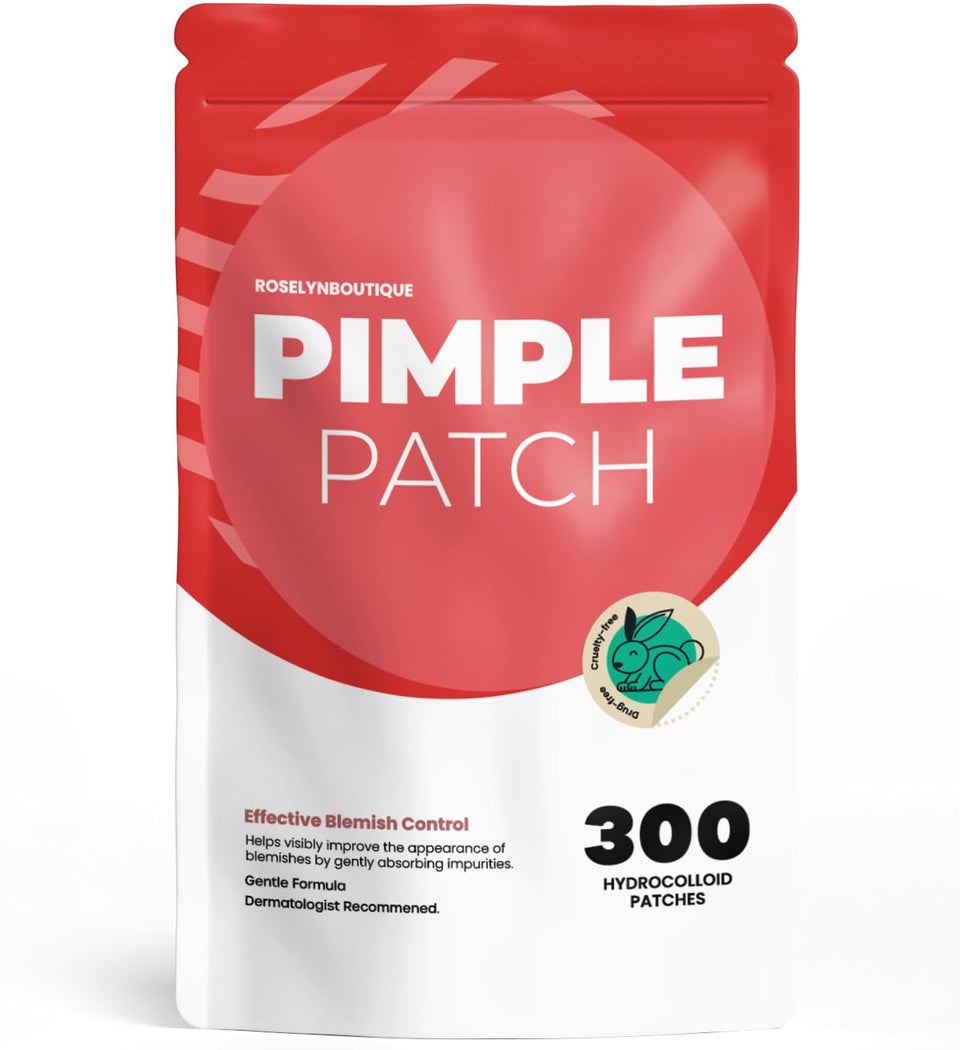 ROSELYNBOUTIQUE front packaging showing 300-count pimple patches and sizes