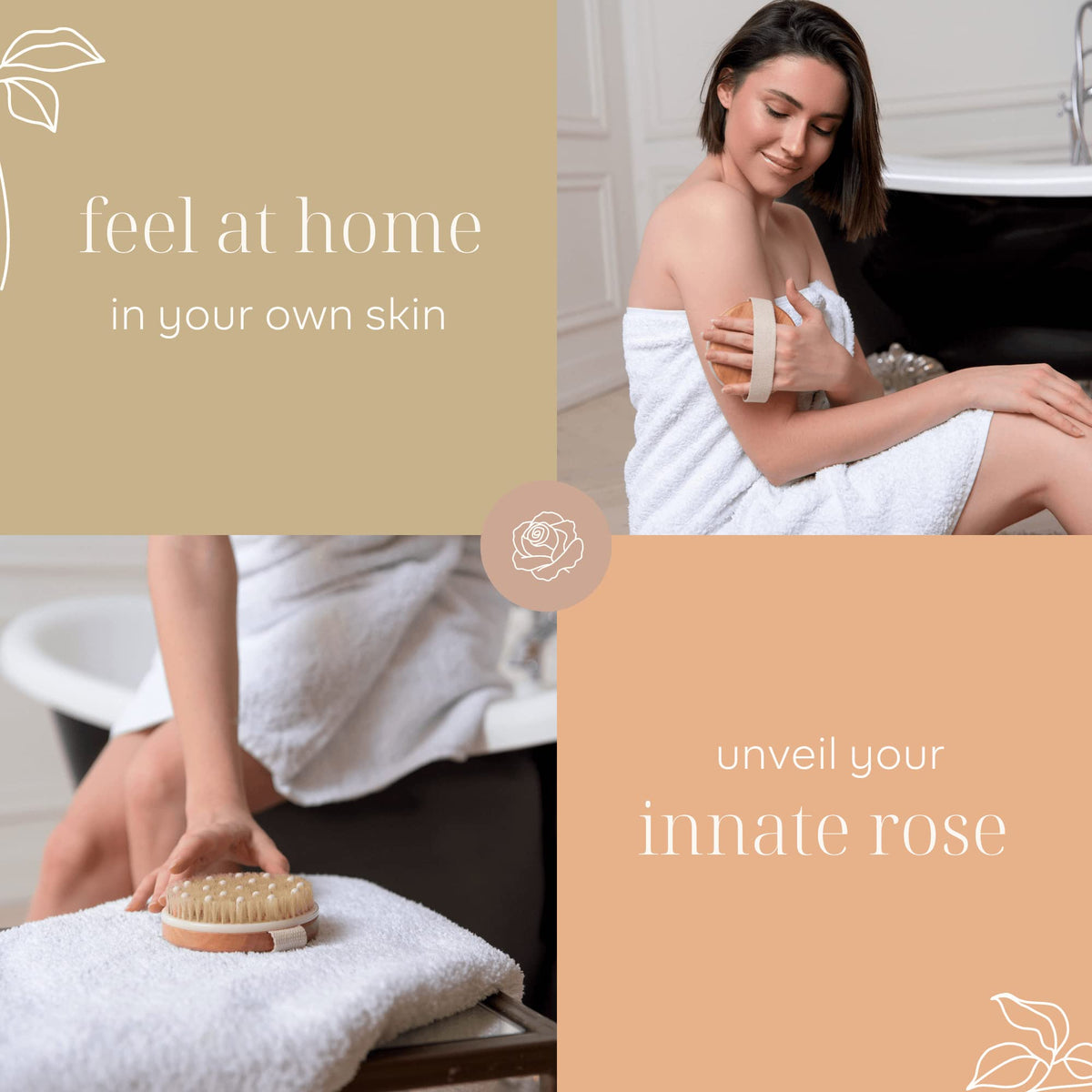 Rosena dry brushing legs in use to stimulate circulation and smooth skin