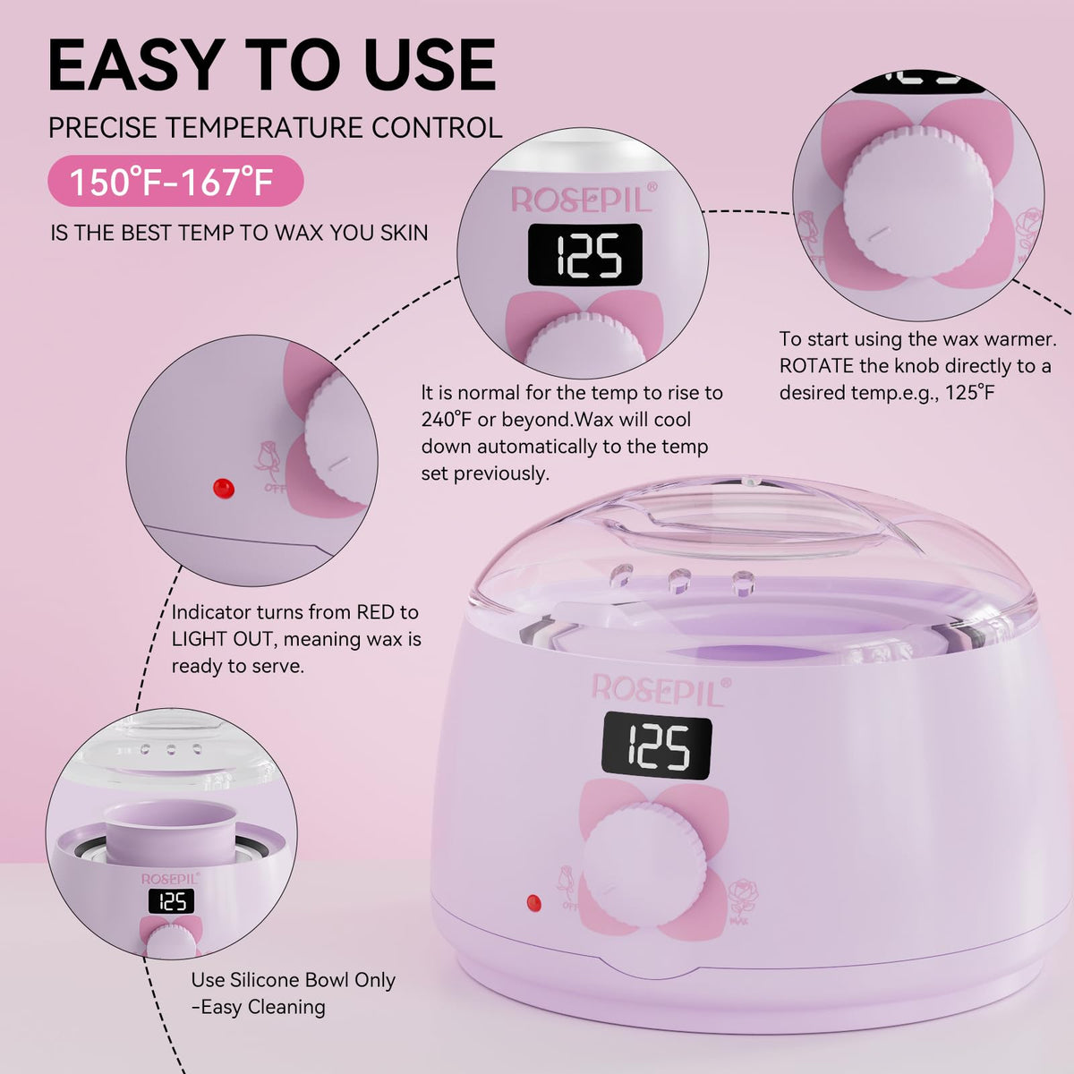 ROSEPIL silicone pot close-up for easy cleaning and leftover wax storage