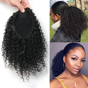 ROSESSEA front view of short afro kinky curly ponytail packaging showing natural black shade and easy clip-in benefit
