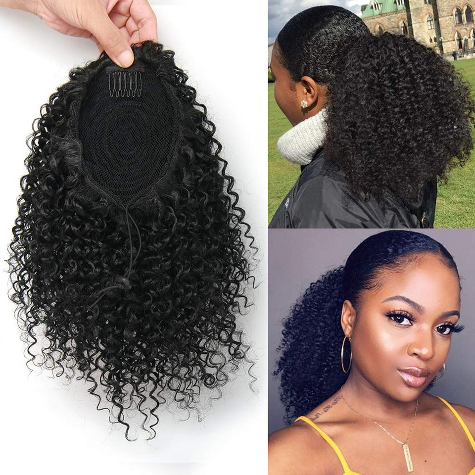 ROSESSEA front view of short afro kinky curly ponytail packaging showing natural black shade and easy clip-in benefit