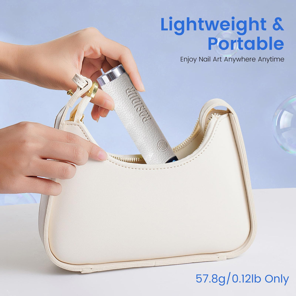 Rosiour lamp staged on vanity showing elegant grooming setup and fast dries