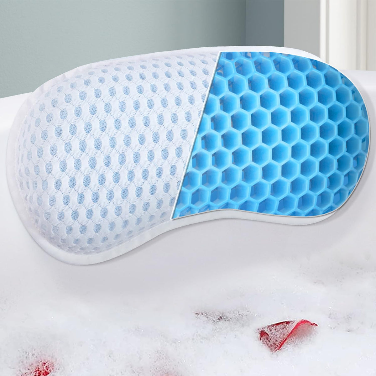 Roslim front view of bathtub pillow showing ergonomic shape and comfort