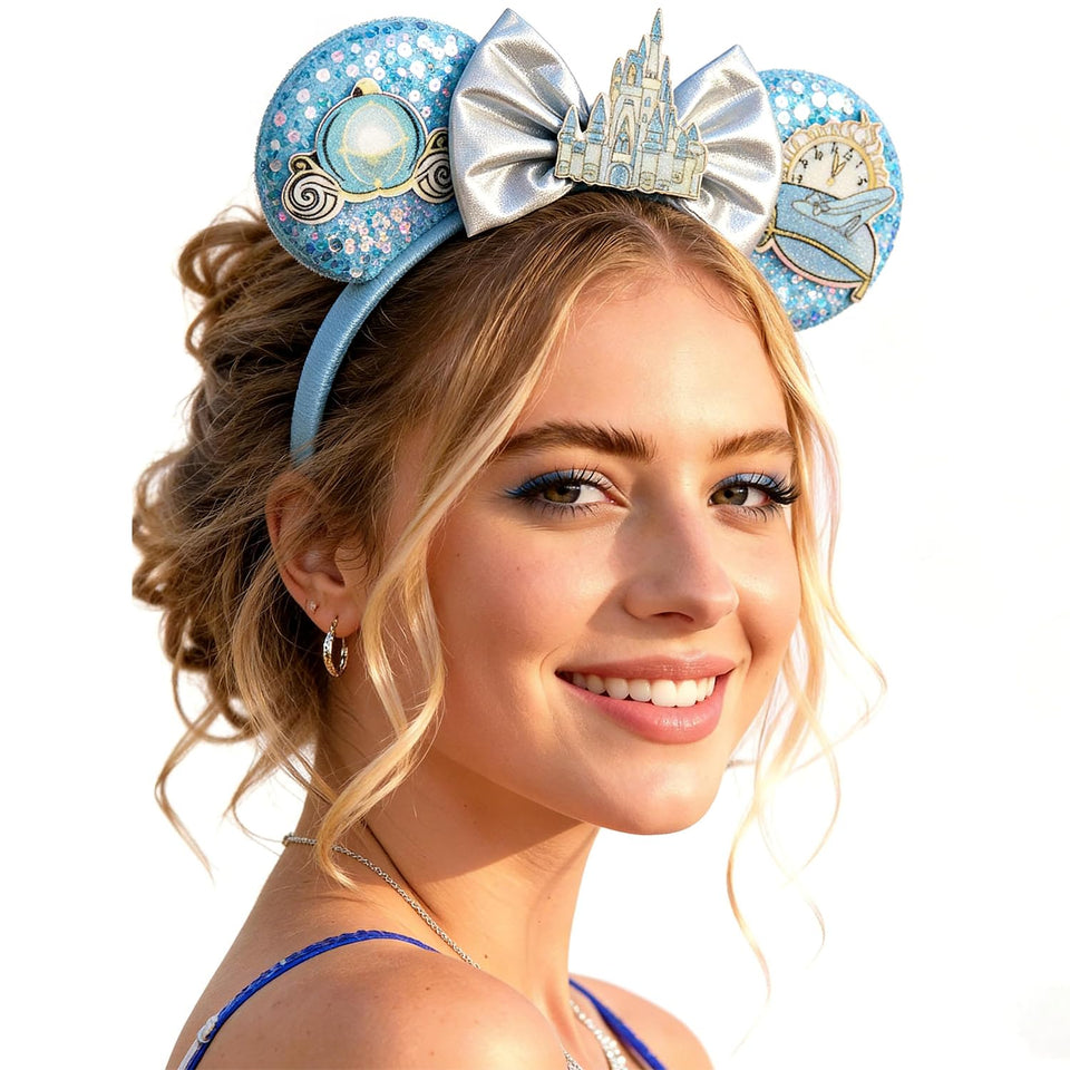 Rostonyra blue headband front view showing sparkle and comfortable fit