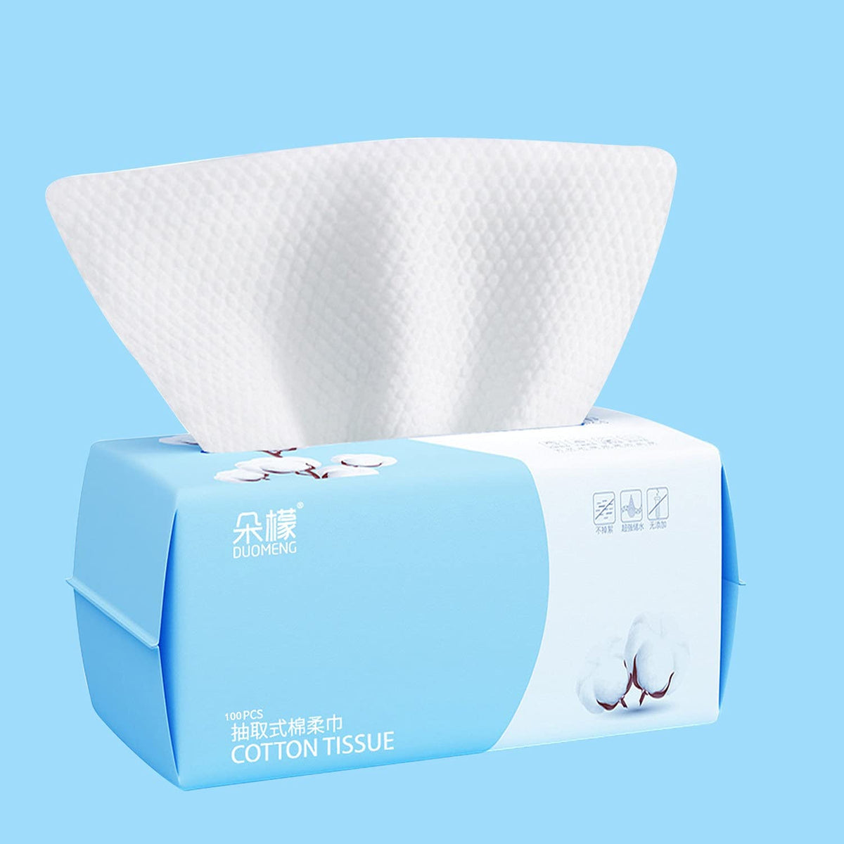 Rouceyxin front packaging showing 100 cotton facial wipes and easy portability benefit