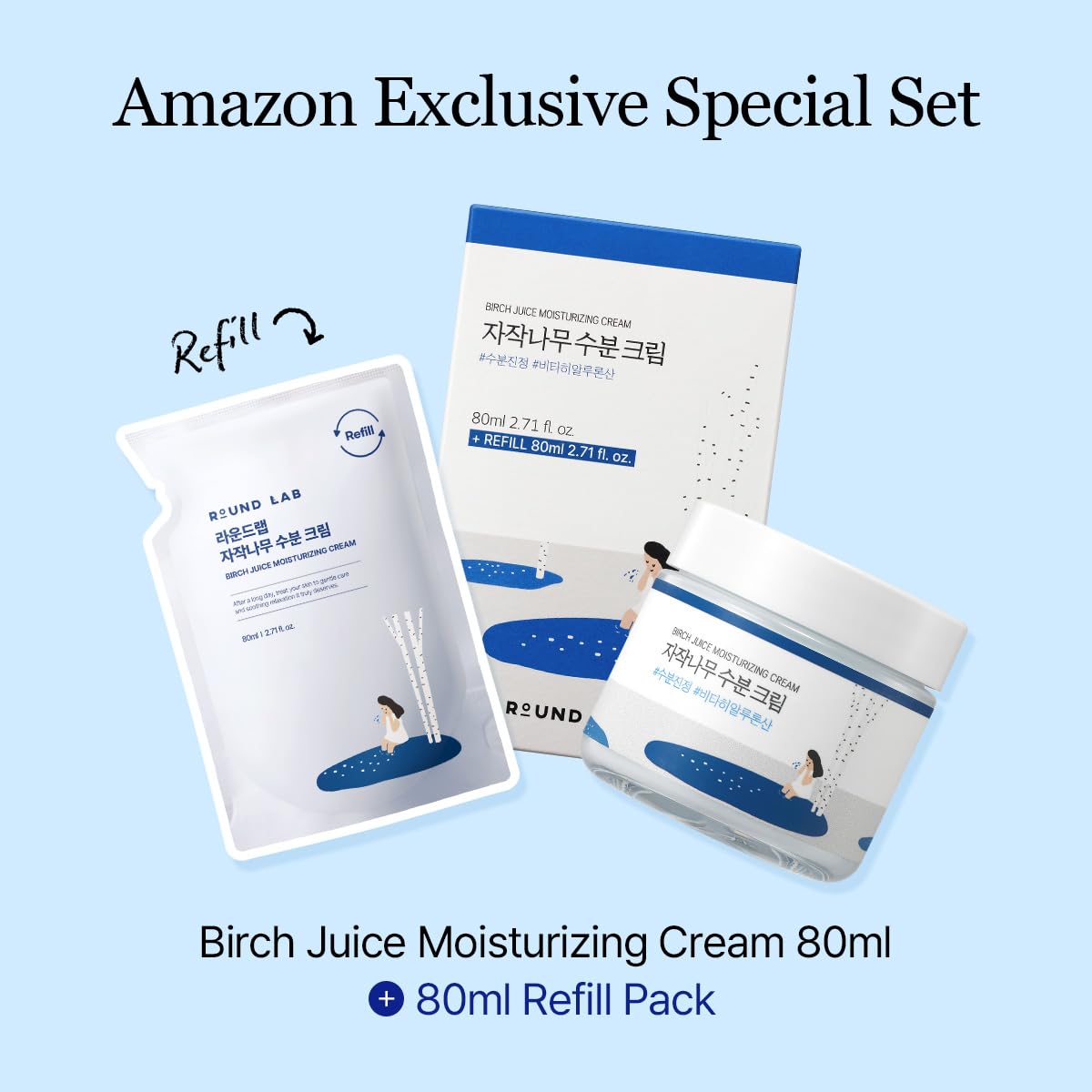 ROUND LAB refill pouch beside jar highlighting eco benefit